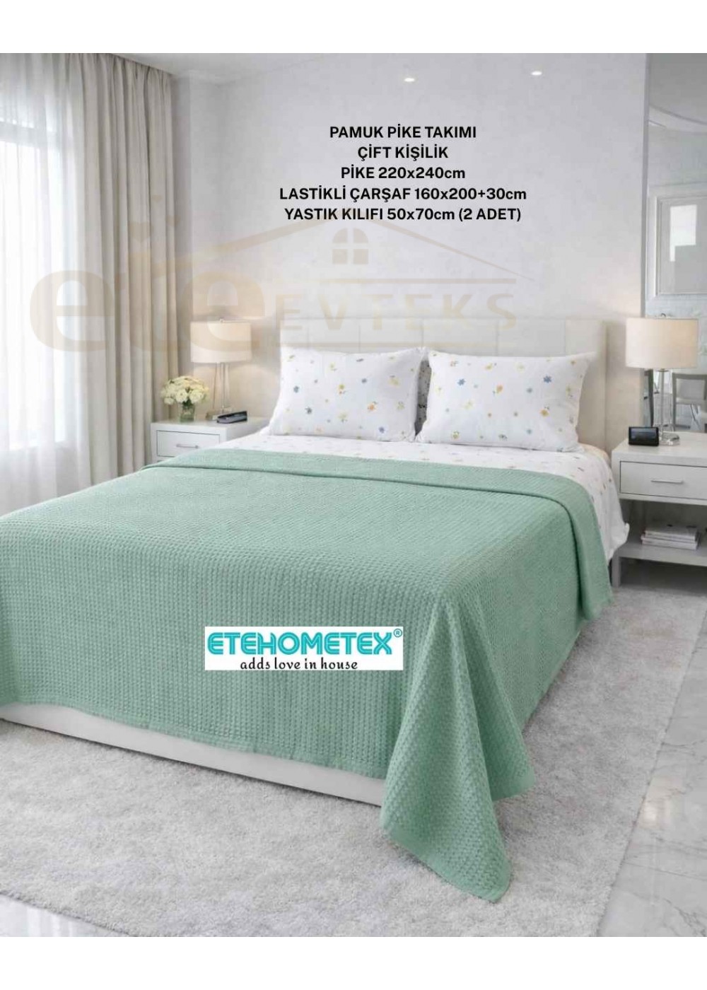 ETEHOMETEX ÇİFT KİŞİLİK %100 PAMUK HAVUZLU PİKE TAKIMI YEŞİL 8696474232073